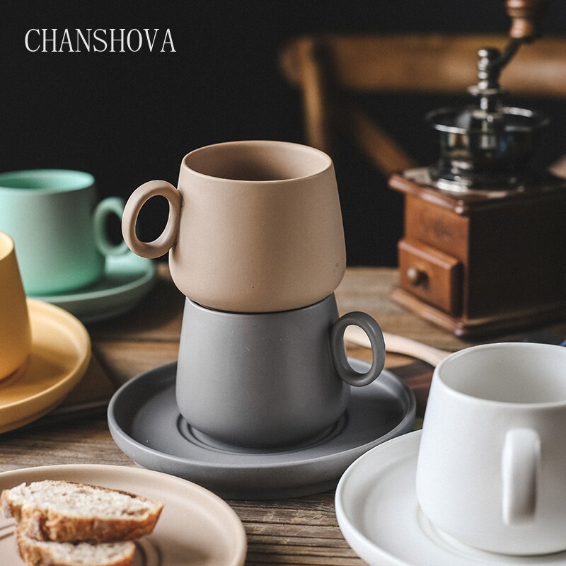 Chanshova enkelhet enfärgad keramisk kaffemugg och fat 210ml tekoppsset mjölkmugg dricksredskap porslin porslin  g082