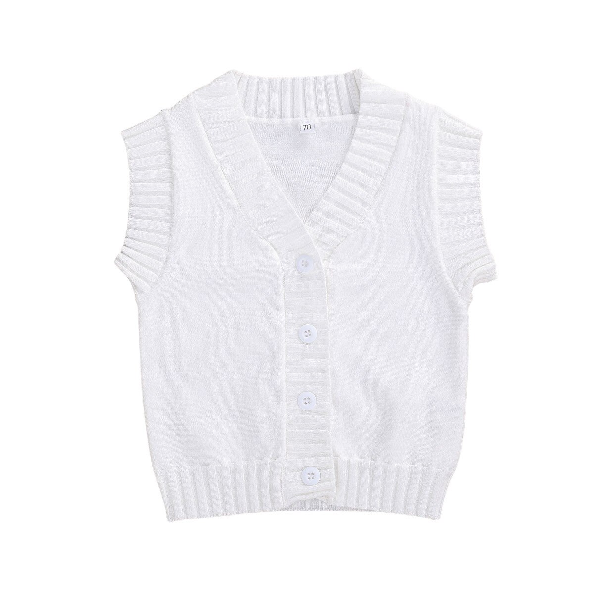 Falde nyfødte baby drenge piger tøj lille barn ærmeløs v-hals vest frakke børn varm strikket enkelt-breasted jakke 0-3t: Hvid / 3t