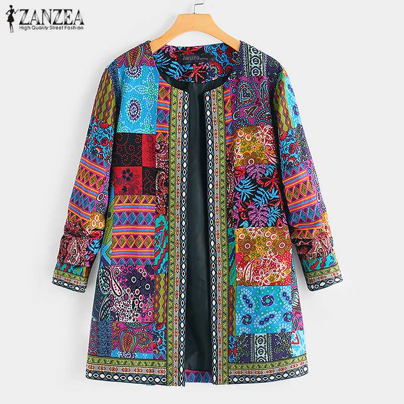 ZANZEA ethnique imprimé Cardigan mince manteaux à manches longues Blusas femmes vestes décontracté O cou ouvert Stich pardessus grande taille