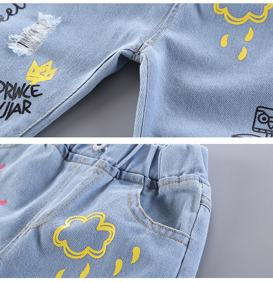 JYF – Jeans à imprimé de dessin animé pour enfants, pantalons longs décontractés avec trous, peinture Graffiti, printemps-automne