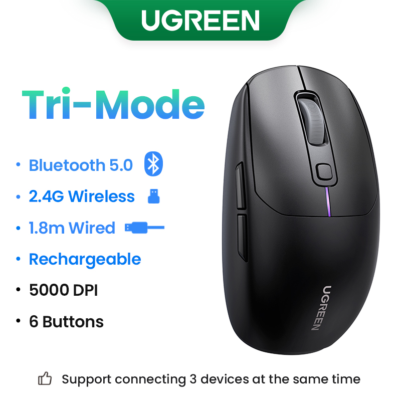 UGREEN Gaming Mouse 5000DPI Wireless Mouse Bluetooth 5.0 2.4G Wired Rechargeable Gamer Mice 6 Buttons For MacBook Tablet Laptops: Red