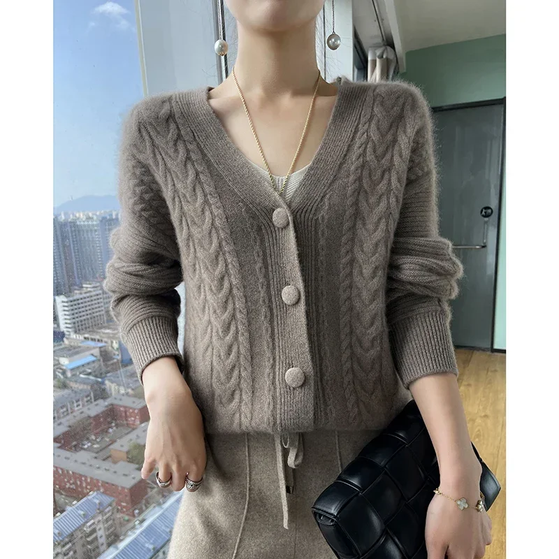 Camisola de lã de alta qualidade cardigan feminino grosso macio quente superior tecelagem flores malha roupas femininas soltas casuais roupas de inverno