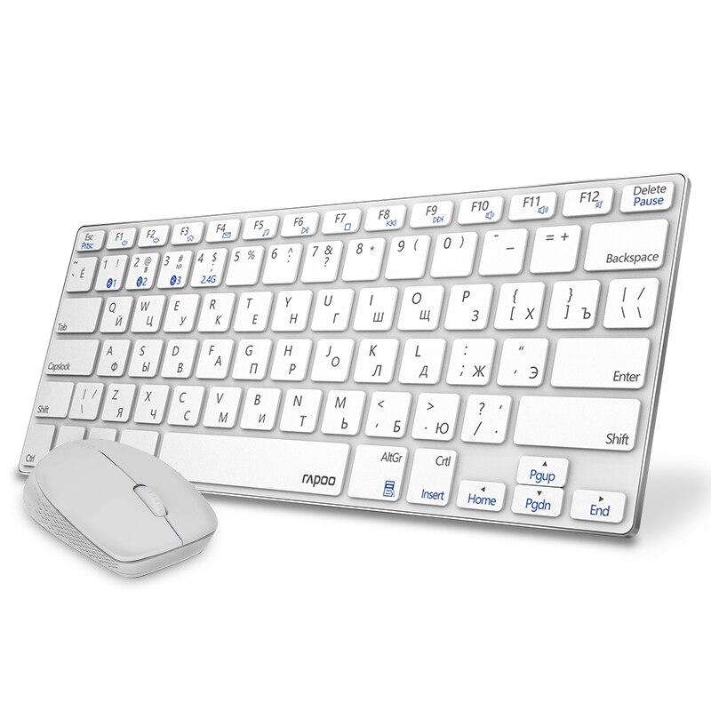 Rapoo 9000M Mini Russische Toetsenbord Multi-mode Stille Bluetooth Draadloze Toetsenbord En Muis Combo Engels/Russisch Toetsenbord: Russian White