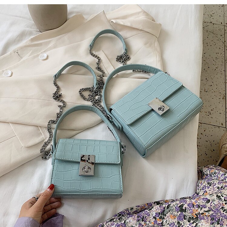 carré femmes sacs à bandoulière sacs à main de créateur chaînes de luxe alligator sac à bandoulière dame petit rabat sac à main femme sac: Blue / L