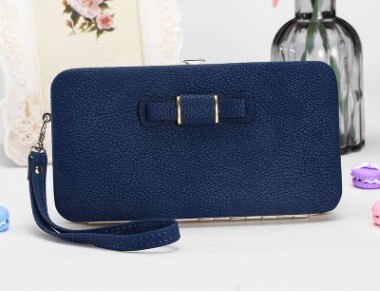 Purse bow women's wallet female famous brand card holders cellphone pocket PU leather clutch women wallet Large lychee 138Q: blue138