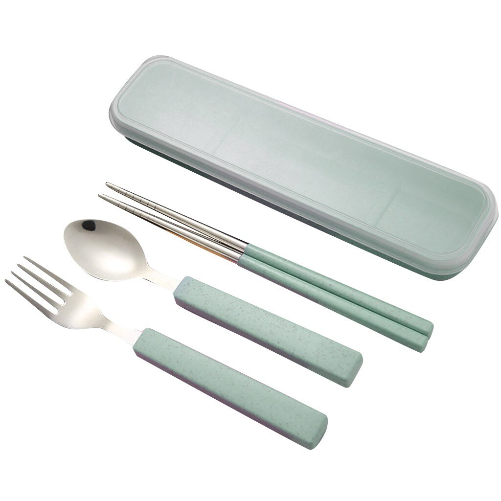 3 Stks/set Lepel Vork Eetstokjes Roestvrij Staal Reizen Bestek Servies Doos # Jood: Green