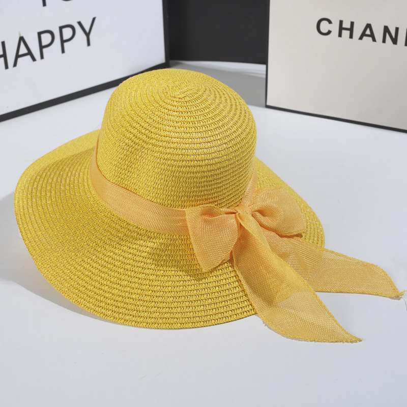 Beach Hat Japanese Everything Hairy Edge Straw Hats Female Summer Flat Top Outing Sun Hats Small Fresh Bow Sun Shade Beach Hat: Yellow