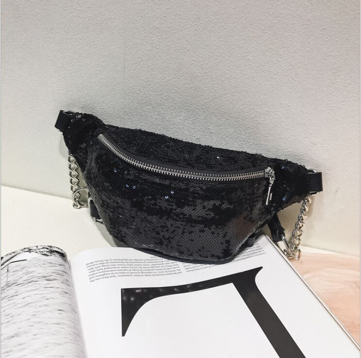 Kvinner bag glitter paljett fanny pack lær veske belte midje rumpe bag reise sport lomme veske: Svart