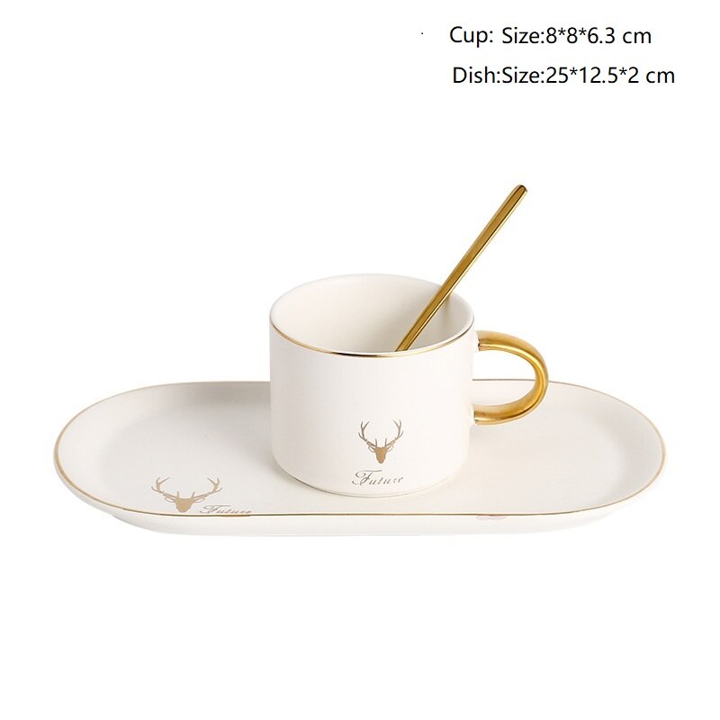 Gold Rand Kaffee Tasse Untertasse Löffel einstellen Keramik Frühstück Milch Tassen Tee Soja Milch Frühstück Becher nordisch Nachtisch Platte Luxus: A-Weiß