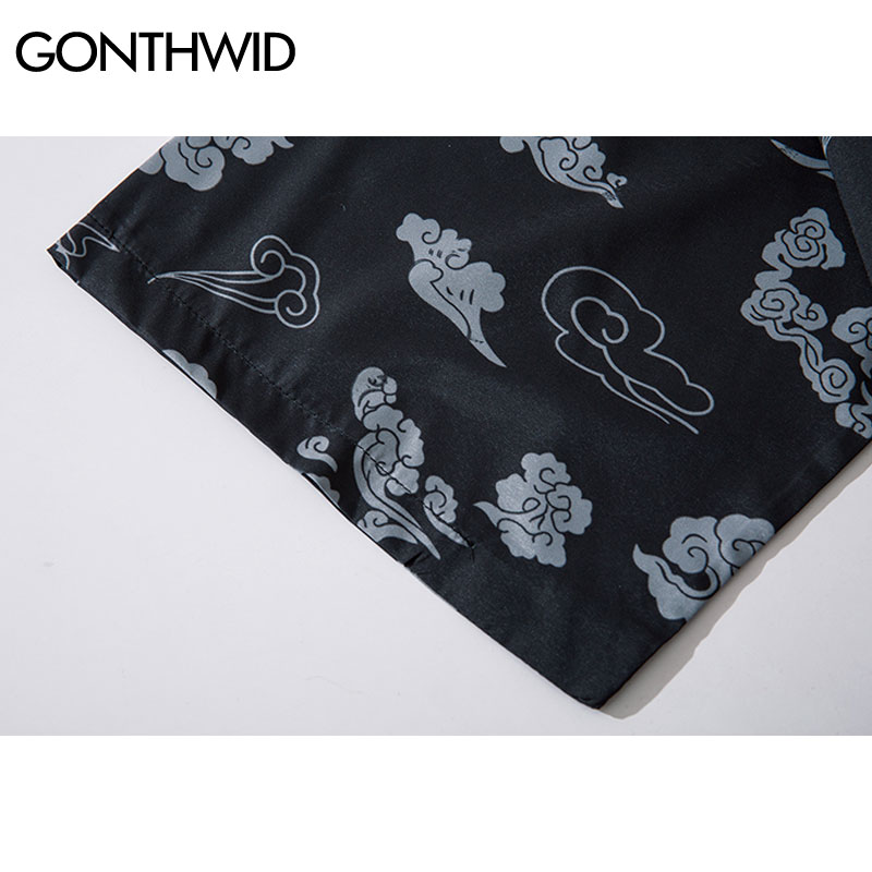 Gonthwid Japanse Samurai Kat Kirin Print Kimono Vest Shirts Jassen Streetwear Mannen Hip Hop Harajuku Casual Zomer Jas Tops