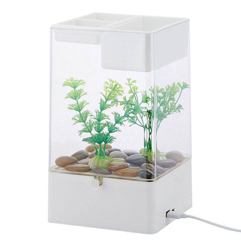 Mini acuario de plástico acrílico USB, pecera con LED portátil Betta, pecera, suministros para mascotas acuáticas para decoración de interiores y oficina: White