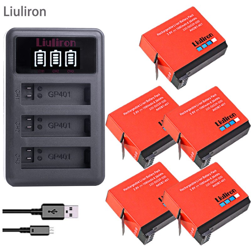 Batería de AHDBT-401 de 1680mAh para Gopro Hero 4, cargador de 3 lotes para Go Pro Hero 4, batería AHDBT 401, accesorios de cámara, 4 Uds.: charger and 5battery
