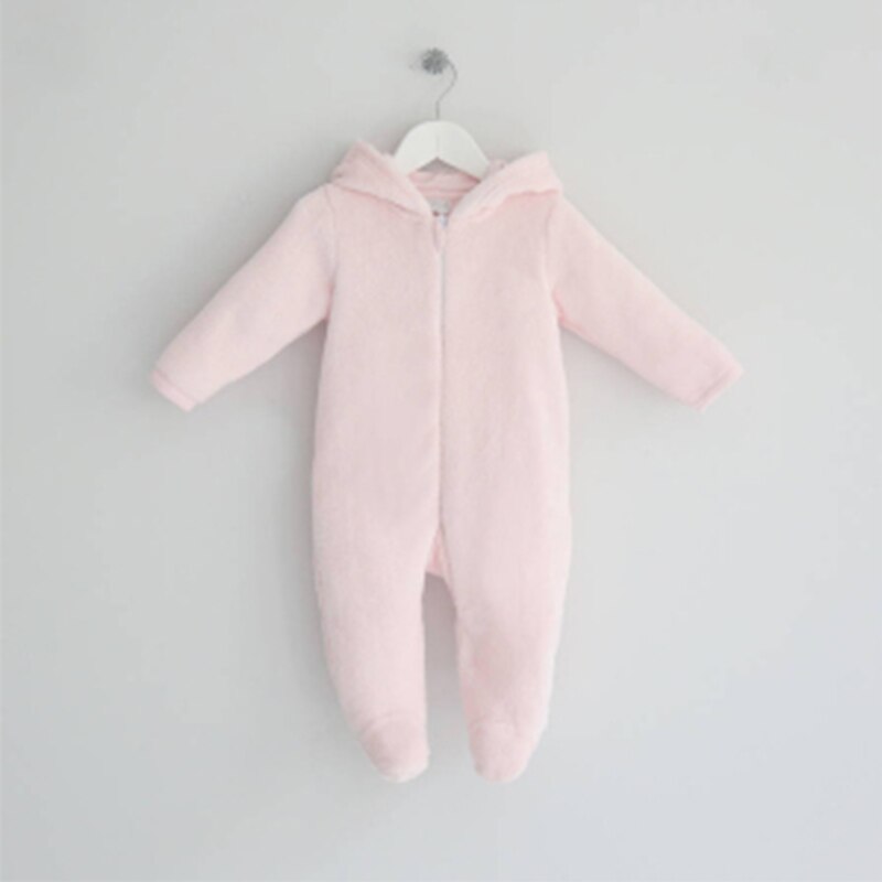 Moda carino tuta bambino inverno neonati manica lunga orsacchiotto Footie mucchio neonata ragazzo tinta unita con cappuccio pagliaccetto vestiti: Colore rosa / 12m