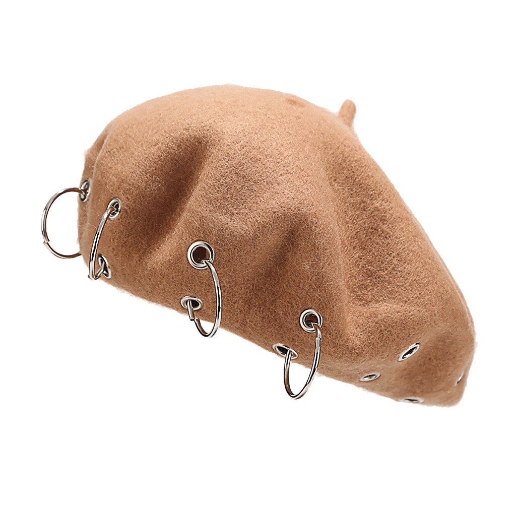 Boina Harajuku de estilo Punk Rock para mujer, boina con aros de hierro, gorros de lana Retro, boinas de pintor de lana negra: Beige