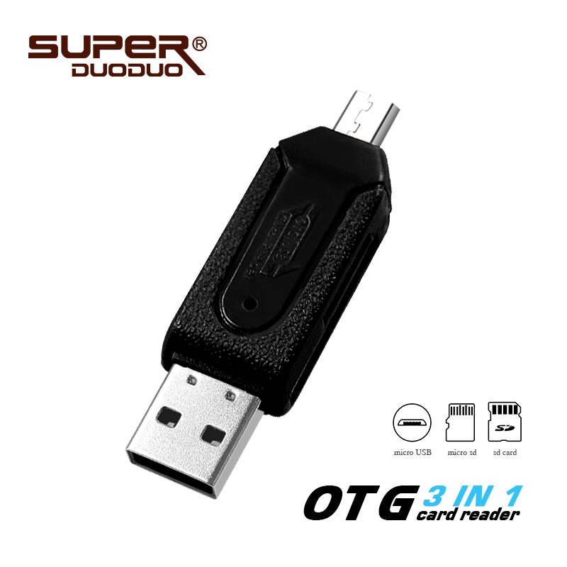 OTG 3 in 1 memory card reader for pc/micro usb flash drive/micro sd card/sd card high speed otg card reader: black