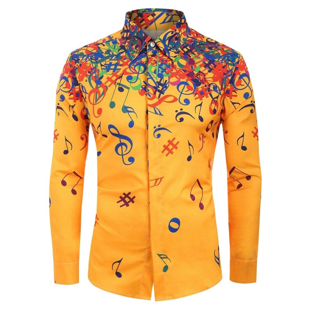 Men Casual Novelty Musical Note Pattern Long Sleeves Shirt Top Blouse for Party NIN668