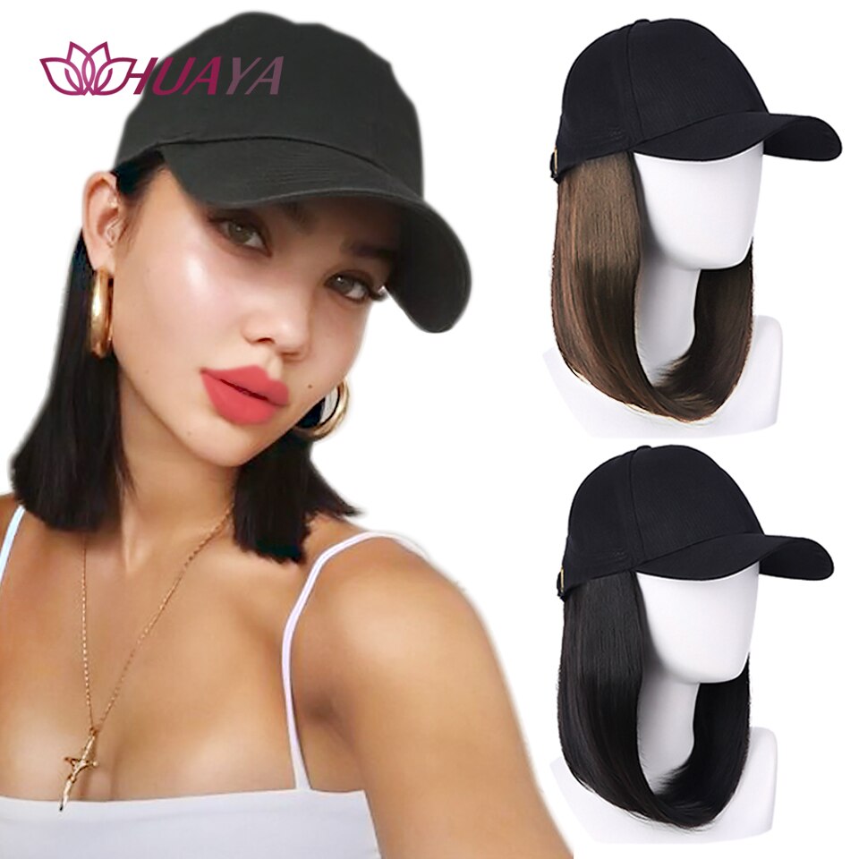 HUAYA Short Straight Hat wig Synthetic Baseball Cap Hair Wig Natural Black Wigs Connect Synthetic Hat Wig Adjustable For Girl