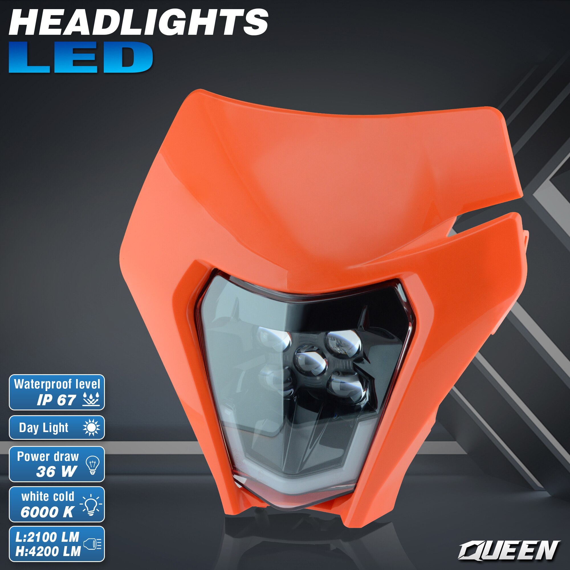 KÖNIGIN X Motor- Motorrad LED Scheinwerfer Scheinwerfer Kopf Licht Supermoto Verkleidung Für KTM EXC SXF MX Schmutz Fahrrad Enduro LED scheinwerfer