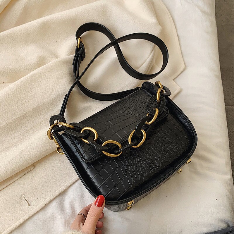Kleine crossbodytassen met stenen patroon voor dames met ketting en klinknagel, vintage messenger schoudertas, trend voor dames: Zwart