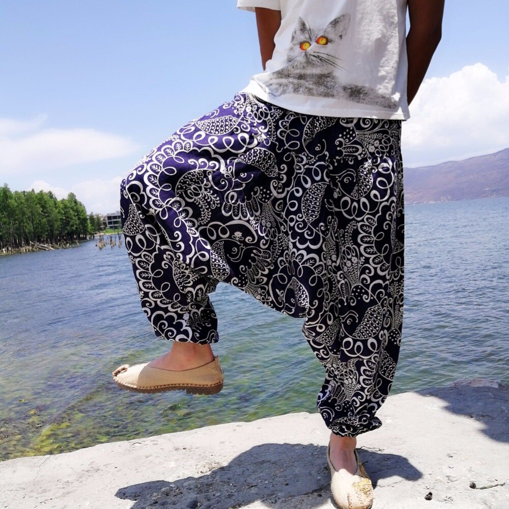 20 print thai hip hop aladdin hmong baggy bomuld hør harem bukser mænd plus size brede ben bukser boho casual bukser cross-bukser