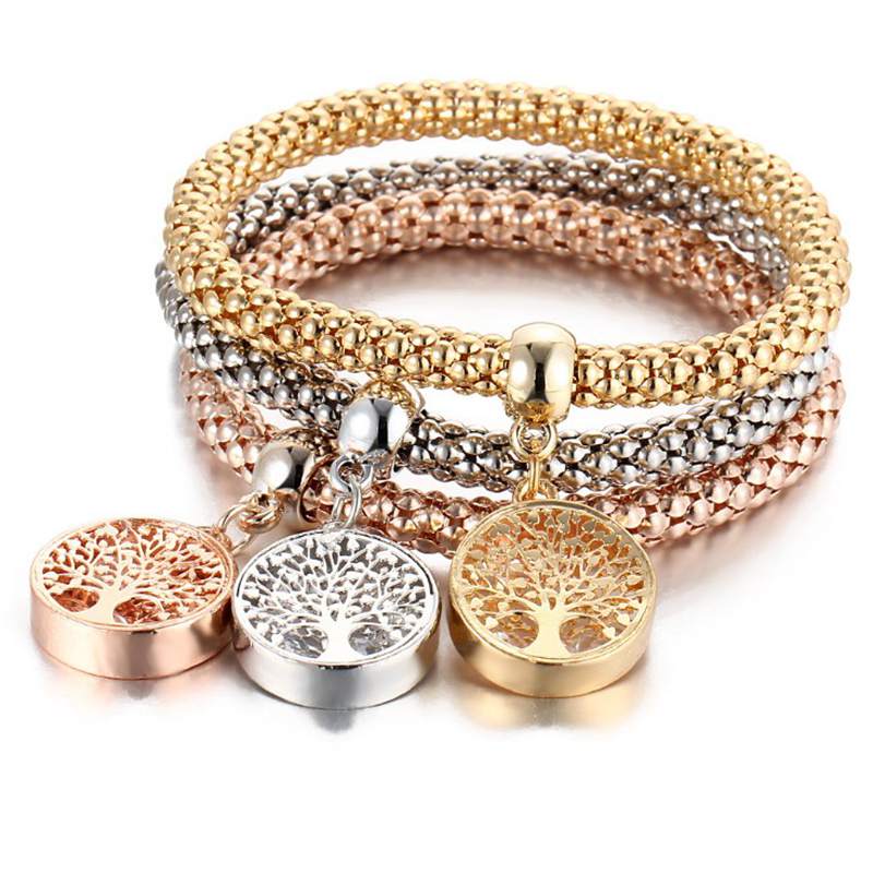 3Pcs Crystal Bracelet Tree of Life Owl Bracelets Inside Rhinestone Elastic Popcorn Chain Bracelet For WomenJewelry