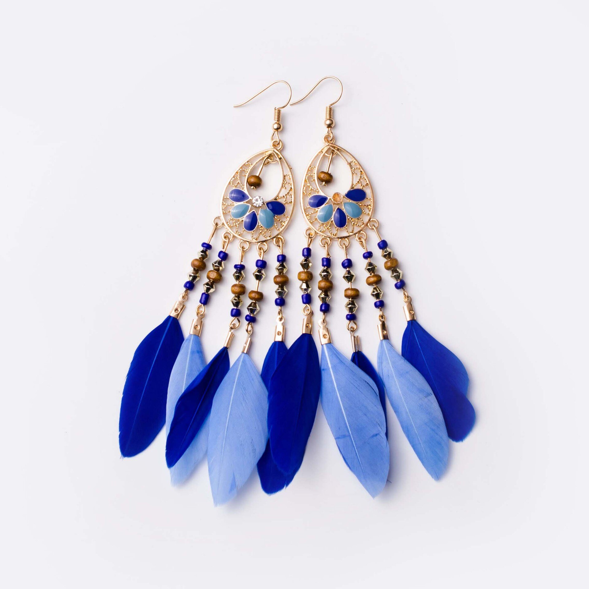 Etnische oorbellen met veren, damessieraden, bohemian zomerse metalen oorbellen met lange kwastjes, indiase sieraden: Dx031-1