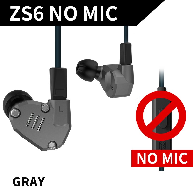 Kz zs6 2dd + 2ba alta fidelidade baixo fone de ouvido esporte in-ear fone de ouvido dinâmico motorista cancelamento de ruído fone de ouvido cabo de substituição as10 as10: grey no mic