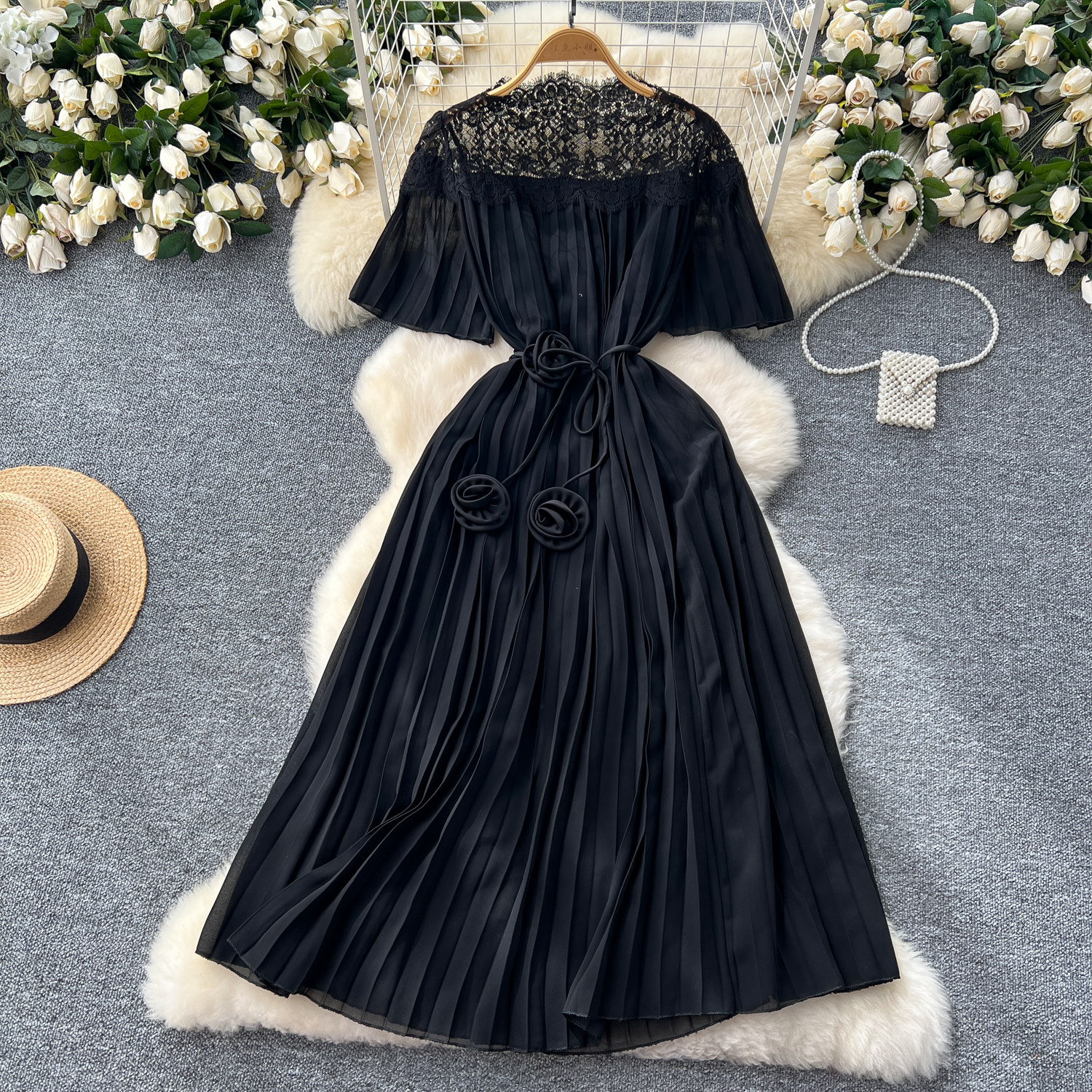 Fransk vintage blonde hul patchwork korte ærmer snørekjole afslappet kvinder sommer chiffon feriekjoler: S / Sort
