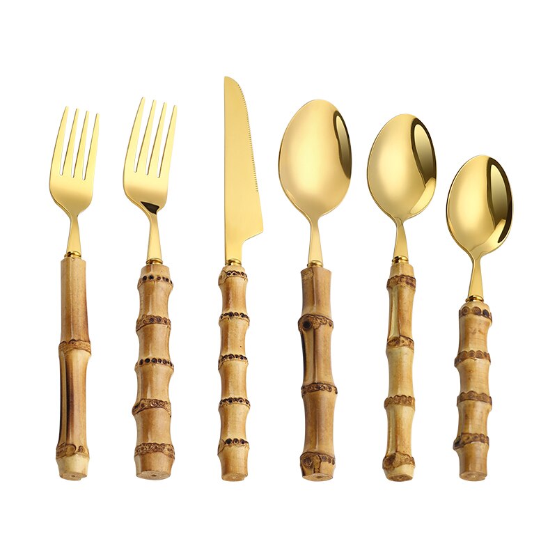 6Stck Natürliche Bambus Griff Geschirr Edelstahl Luxus Geschirr einstellen Steak Messer Nachtisch Gabeln Tee Löffel Gold Besteck: Gold 6-Stück einstellen
