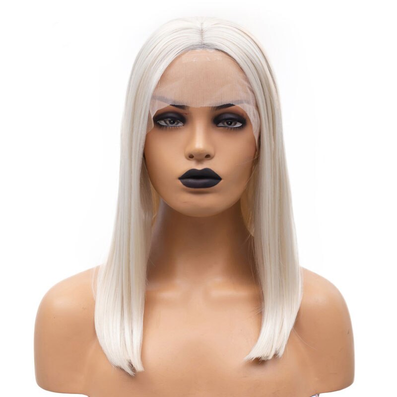 Bombshell platin hvid kort lige bob syntetisk 13*3 blonder frontparykker varmebestandigt fiber hår midterskilning til kvinder