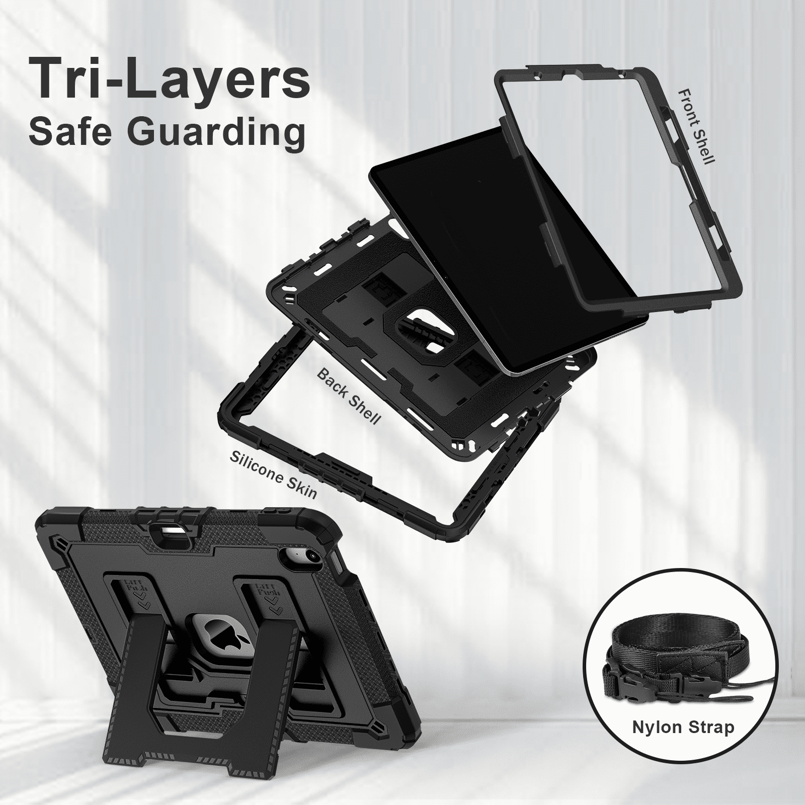 Tabletcover til ipad air 4 5 6th , roterende håndtag, stativ med pennebakke, stødsikkert, robust cover, sikker, giftfri, blød silikone
