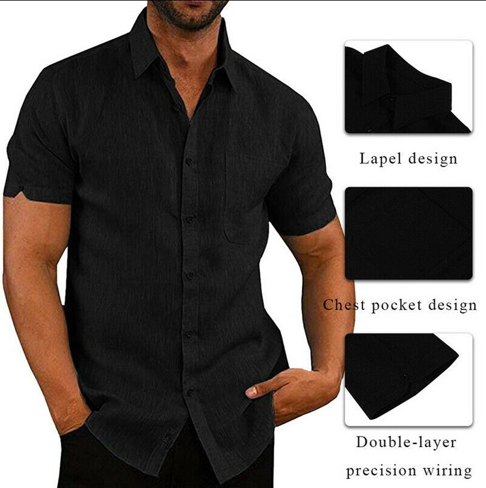 Luxe homme manches courtes col rabattu chemises décontractées amples lin hauts type chemisier poche poitrine noir blanc gris bleu