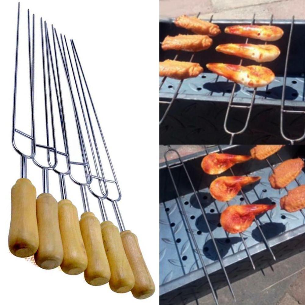 6 stk rustfrit stål u-formet grill lodning gaffel nål grill grillspyd metal spyd dobbelt spidser grillværktøj