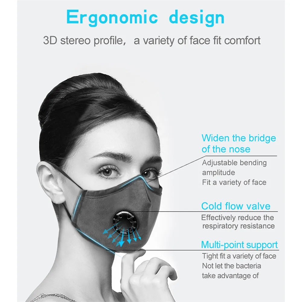 Herbruikbare wasbare gezichtsmaskers met 10 vervangbare pm2.5-filter Mondstof Winddicht katoenen ventielmasker met brilmasker