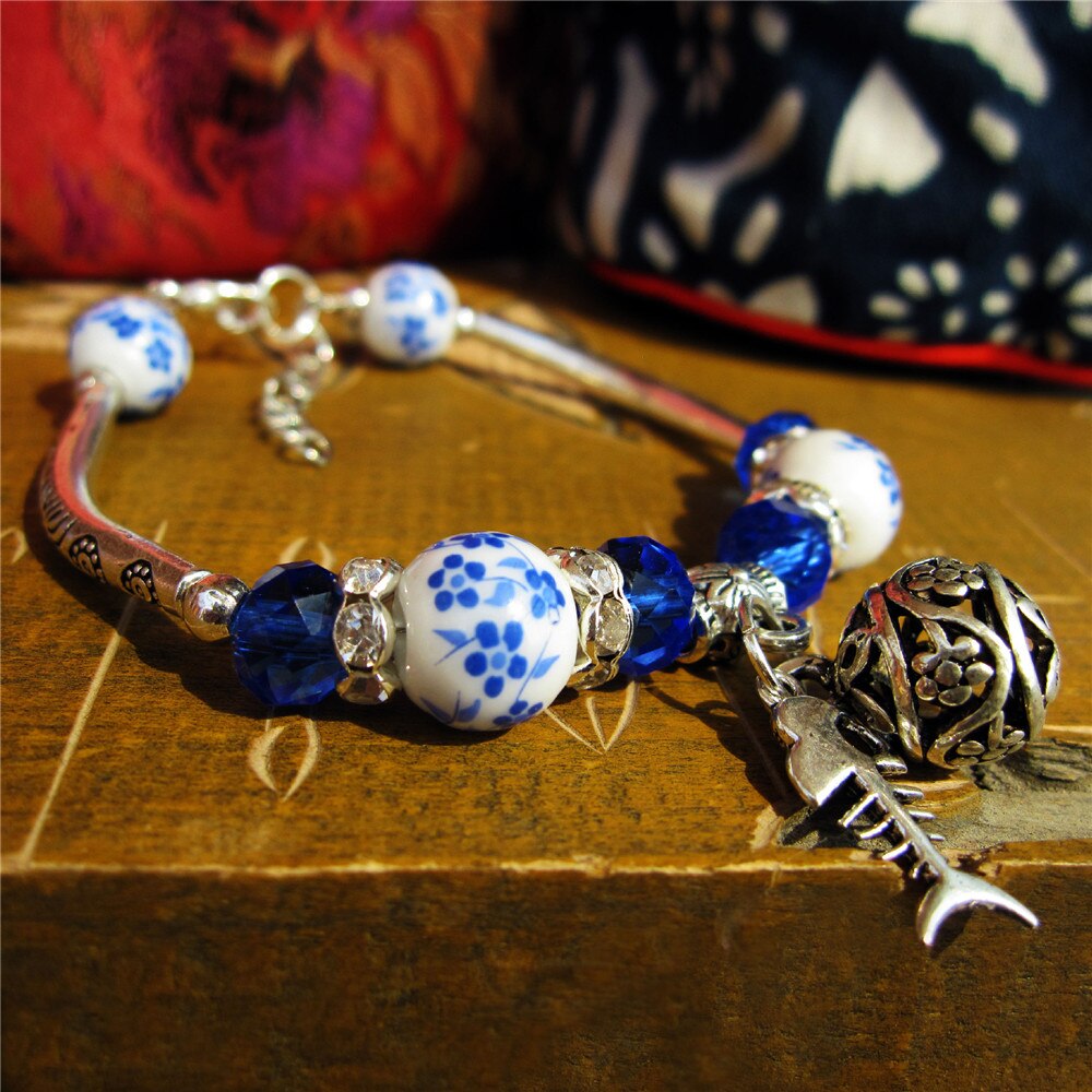 National Style Beaded Bracelets Handmade Blue And White Porcelain Ceramic Bracelet Jewelry