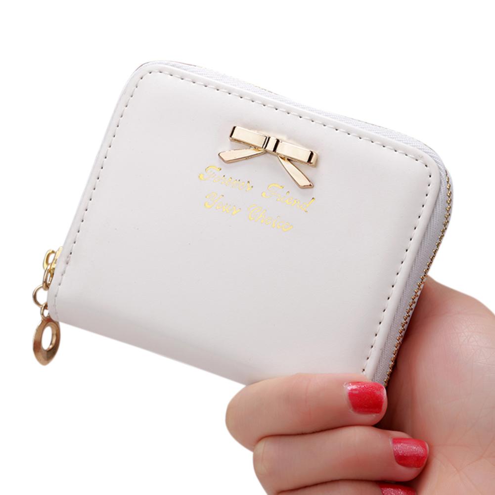 Carteras de Mujer Simple de estilo corto bolso de embrague Bowknot decoración cremallera bolso Delgado monedero de bolsillo tarjeteros ZK40: white