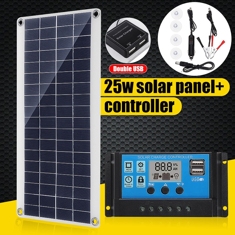 25W Dual USB 12V Zonnepaneel met Autolader + 10/20/30/40A USB Solar Charger Controller voor Outdoor Camping LED Licht