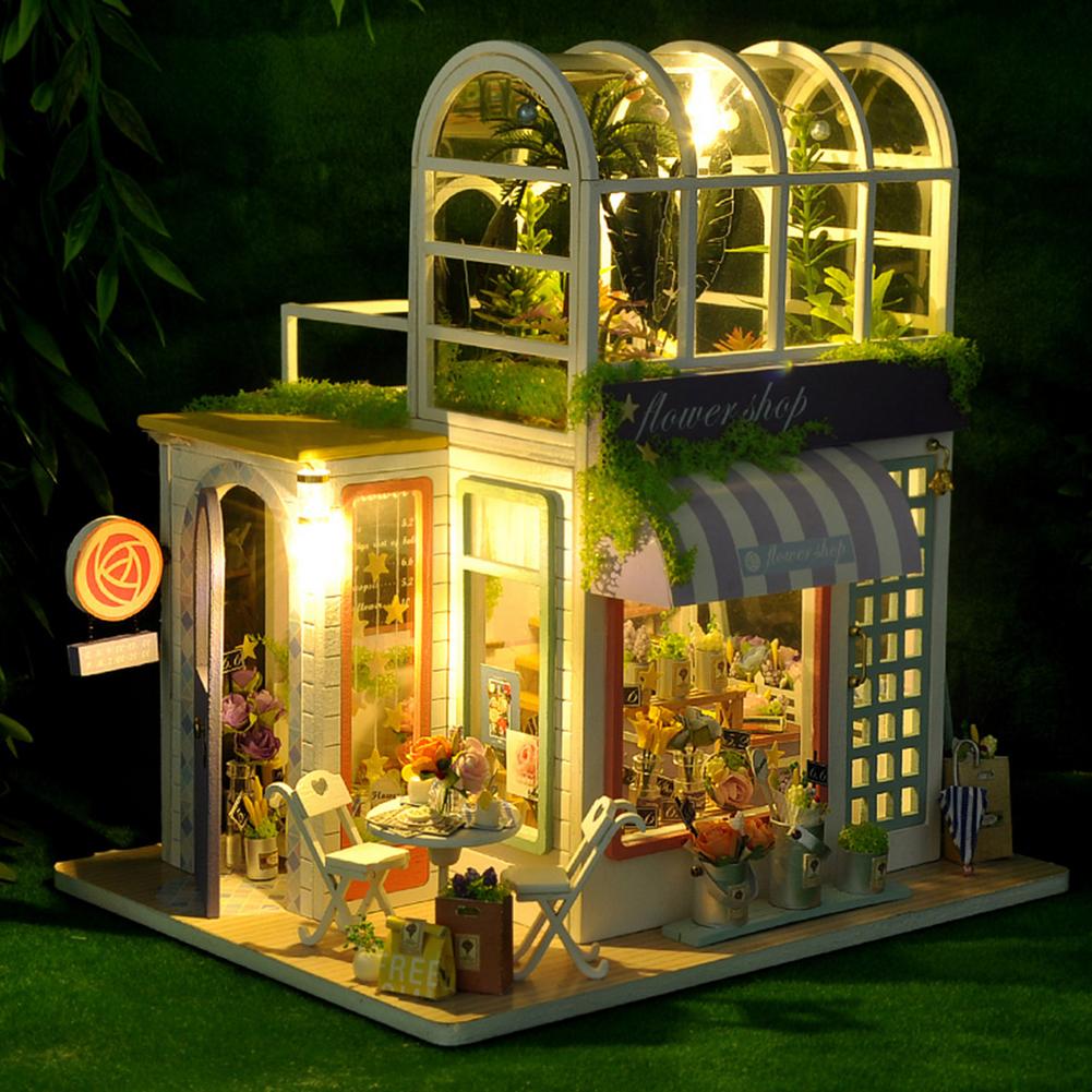 Newborn Baby Miniature Doll House Wooden DIY Miniature Flower House Model with Dust Cover Dollhouse Toys Christmas Decorations