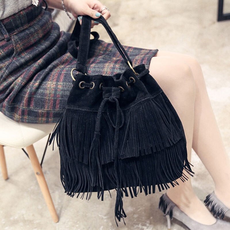 Retro Faux Suede Fringe Vrouwen Messenger Tassen Nieuw Handtas Kwastje Schouder Handtassen Crossbody Tas Bolsa Feminina: Black