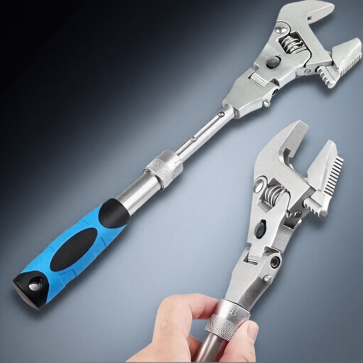 Llave de trinquete ajustable 5 en 1, herramienta de acero inoxidable con cabezal giratorio para fontaneros mecánicos, herramienta manual extensible resistente a la oxidación DIY