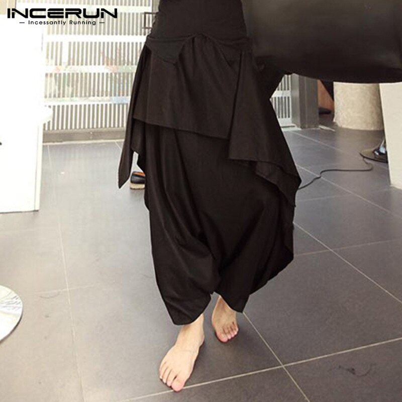 INCERUN – pantalon sarouel à entrejambe rabattu pour homme, couleur unie, style Hip-hop, Streetwear, ample, croisé, jupe élégante,