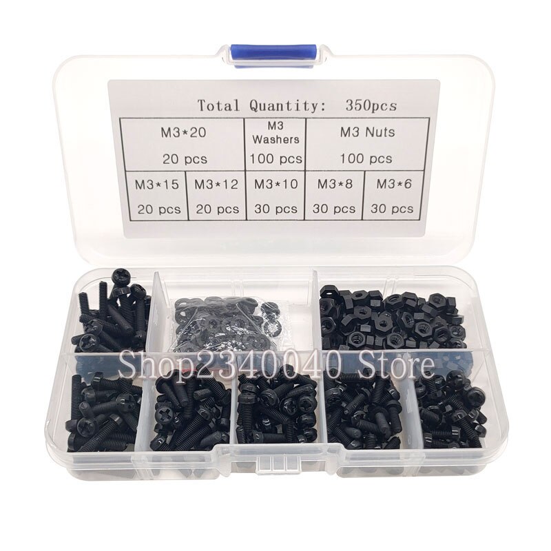350pcs Plastic Screws Black White Nylon Phillips Pan Head Cross Screw M3 Bolt Nut Washer Assortment Kit length 6/8/10/12/15/20mm: black