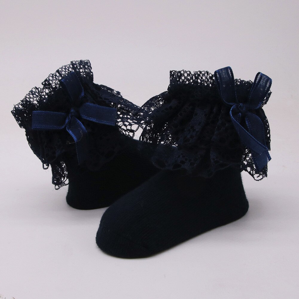 2020 del bambino Delle Ragazze Dei Capretti Del Merletto Comodo di Cotone Carino Calzino Del Bambino 0-1 anni di età di colore solido dell'arco del merletto della principessa calzini: Dark Blue