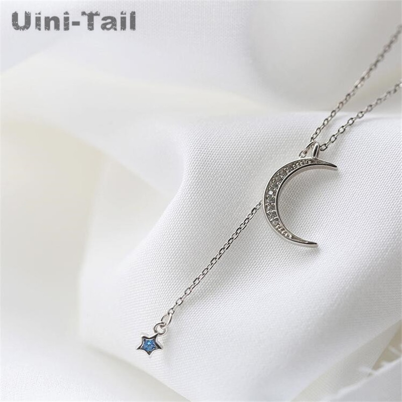 Uini-cauda novo 925 prata esterlina estrelas lua micro-incrustado colar coreano moda doce personalidade simples pequeno fresco ed283
