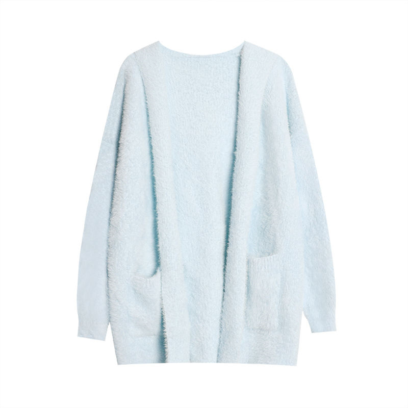 Hvid minkpels hættetrøje strikket cardigan kvinder efterår og vinter løs doven stil tyk mælk fufu sweaterjakke
