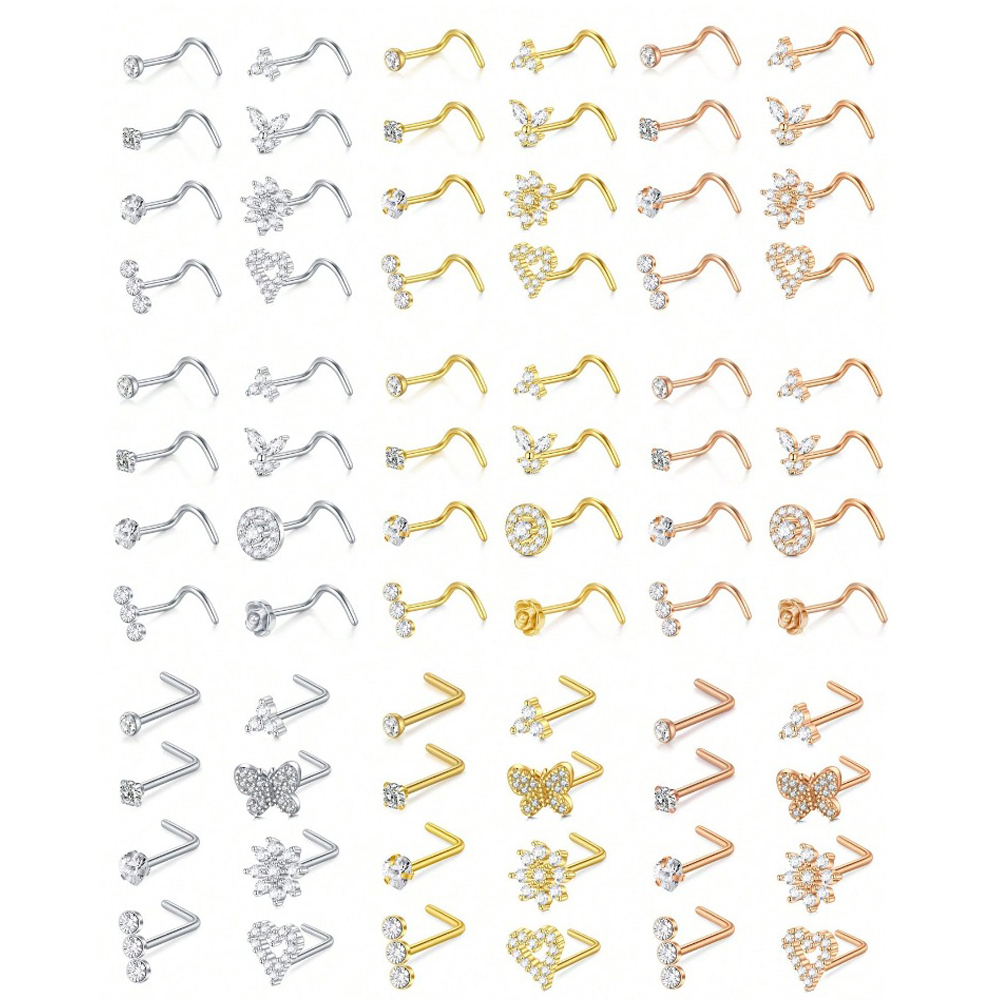 8Pcs/Set Nose Studs Rings For Women 18G 20G Corkscrew L Shaped Nose Screw Studs Nose Rings Studs Surgical Steel Nostril Nose Pie
