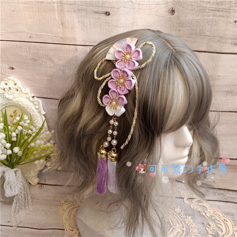 Pasadores Harajuku de estilo japonés para niña, Kimono, abanico de flor de cerezo, accesorios para el cabello, horquillas con Clip LATERAL con borlas suaves de Lolita: Caqui oscuro