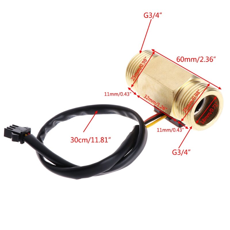 Flow Sensor G3/4" DN20 Copper Hall Effect Liquid Water Flow Sensor Switch Flow Meter