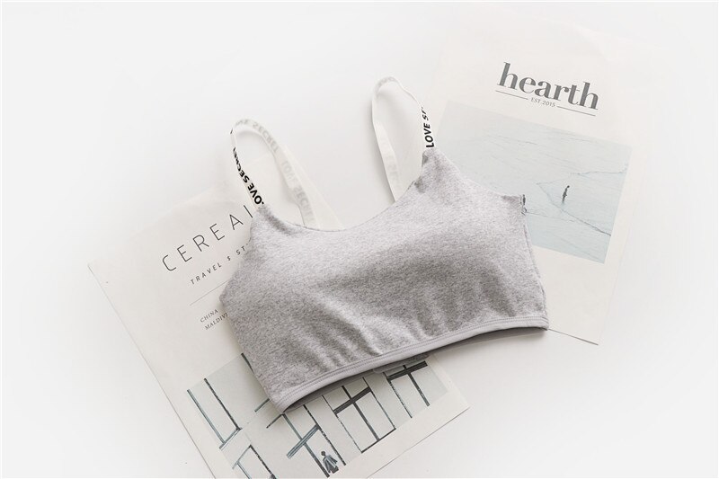 Active casual Bra Top One Size Letters strap Cotton Top fitness Gym Jogging Bra girl Wire Free Bandeau Bra Tops: Dark Grey