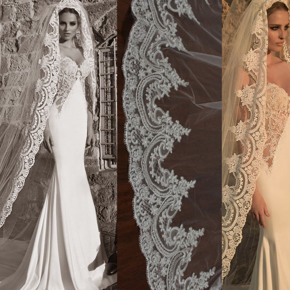 Neue Spitze Lange Hochzeit Schleier Eine Schicht Kathedrale Länge Braut Schleier mit Kamm Schleier de Mariee Hochzeit Zubehör
